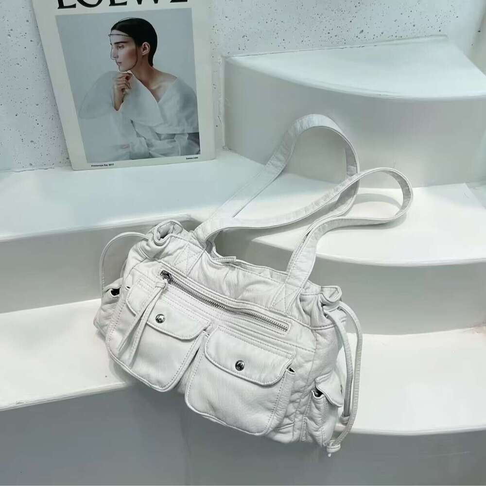 2025 New Fashion Underarm Punk Washed PU Shoulder Bag for Women Niche Design Drawstring Closure Motorcycle