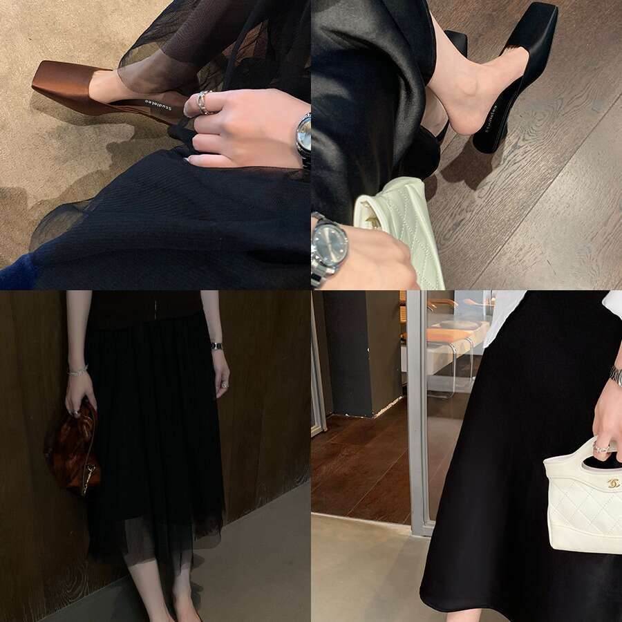 Grape Mom Studiolee French Square Toe Shallow Mouth Silk Satin Triangle Heel High-end Mules for Women Summer