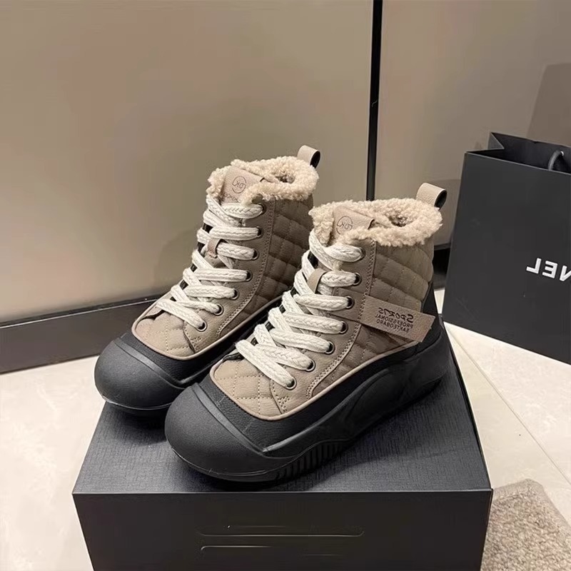 Ddmysports Thick Soled Snow For Women New High Top Shoes Closed Toe Lace Up Mid Calf Casual Round Furry Short Boots Outdoor Shoes