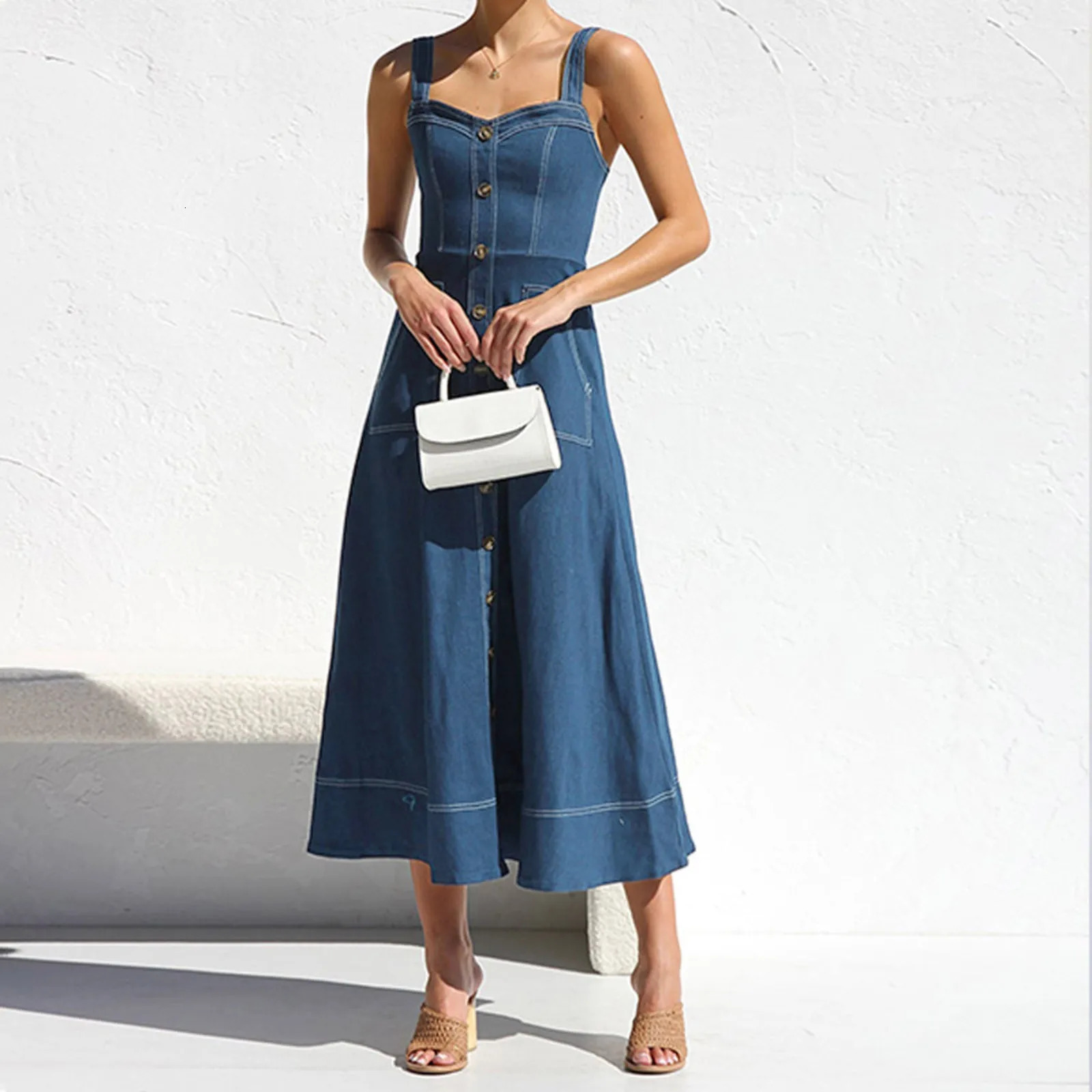 Casual Jeans Dresses For Summer Women Denim Suspender Dress Vintage Fashion Button Decoration Elegant Style Formal Party Vestido 250609