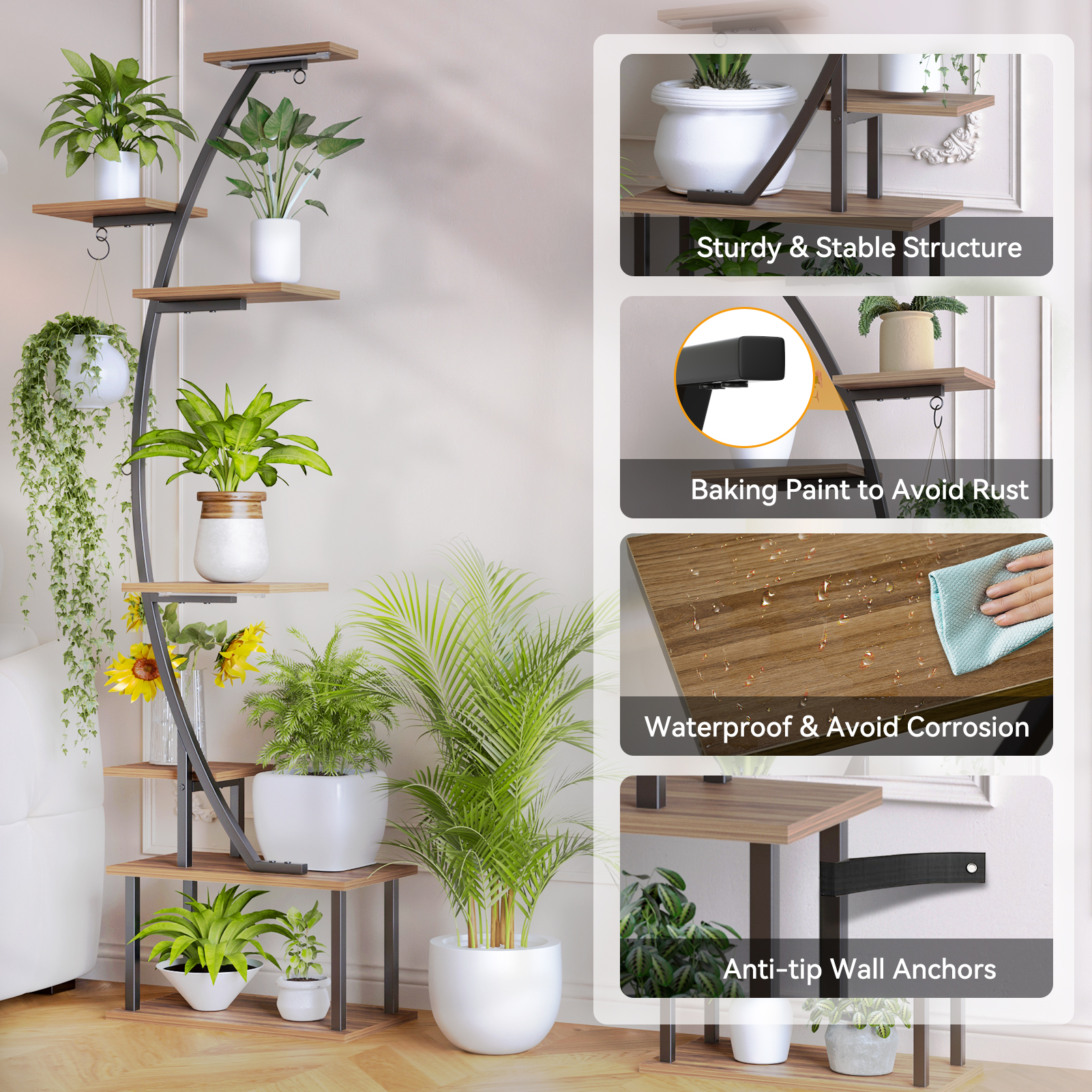 Plant Stand Indoor with Grow Lights 7 Tiered 66" Tall Metal Plants Shelf 3 Color Mode Full-spectrum LED Half-Moon Shaped for Living Room Patio We