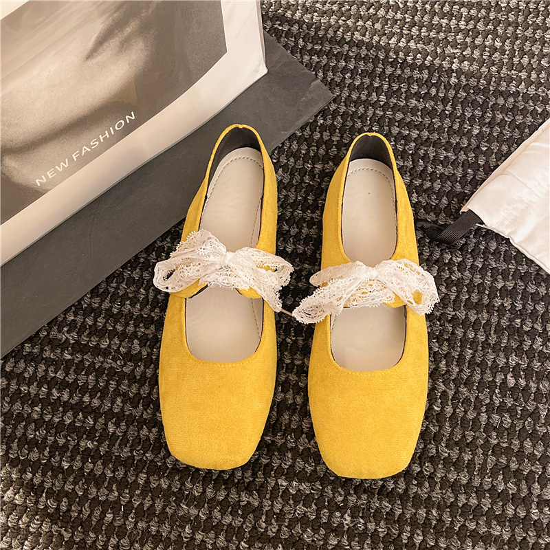 Ddmyoutdoor French Lace Mary Jane New Flat Up Versatile Square Toe Ballet Shoes For Women Outdoor Shoes