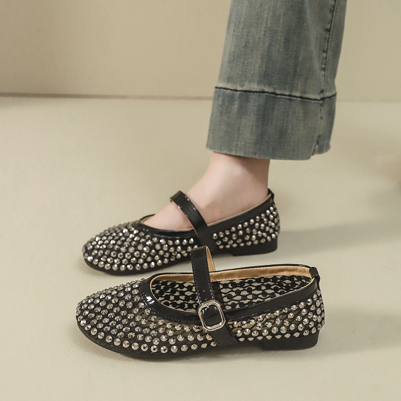 Ddmyoutdoor French Style Rhinestone Mary Jane Shoes For Women Hollow Gentle Evening Breeze Summer New Match With Skirts Flat Loafers Outdoor Shoes