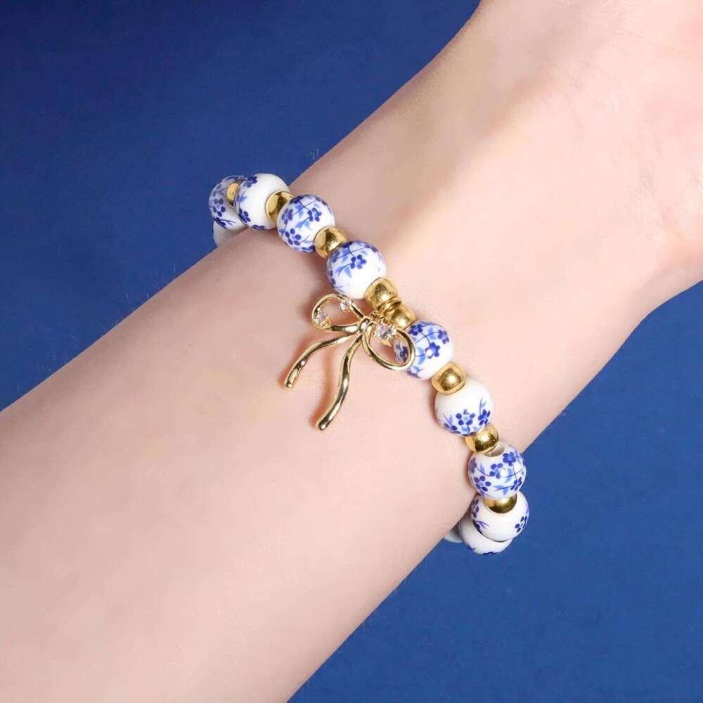 Blue and White Porcelain Beaded for Women Handmade Stretch Bracelet with Bow Charm Vintage Chinese Floral Style Jewelry Gift