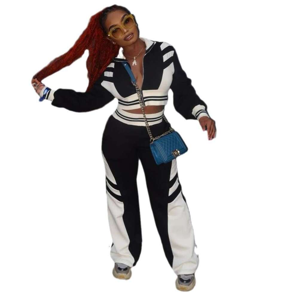 Autumn New Fashion Trend Color-Block Casual Sports Long Sleeve Jacket Top And Pants Set B5