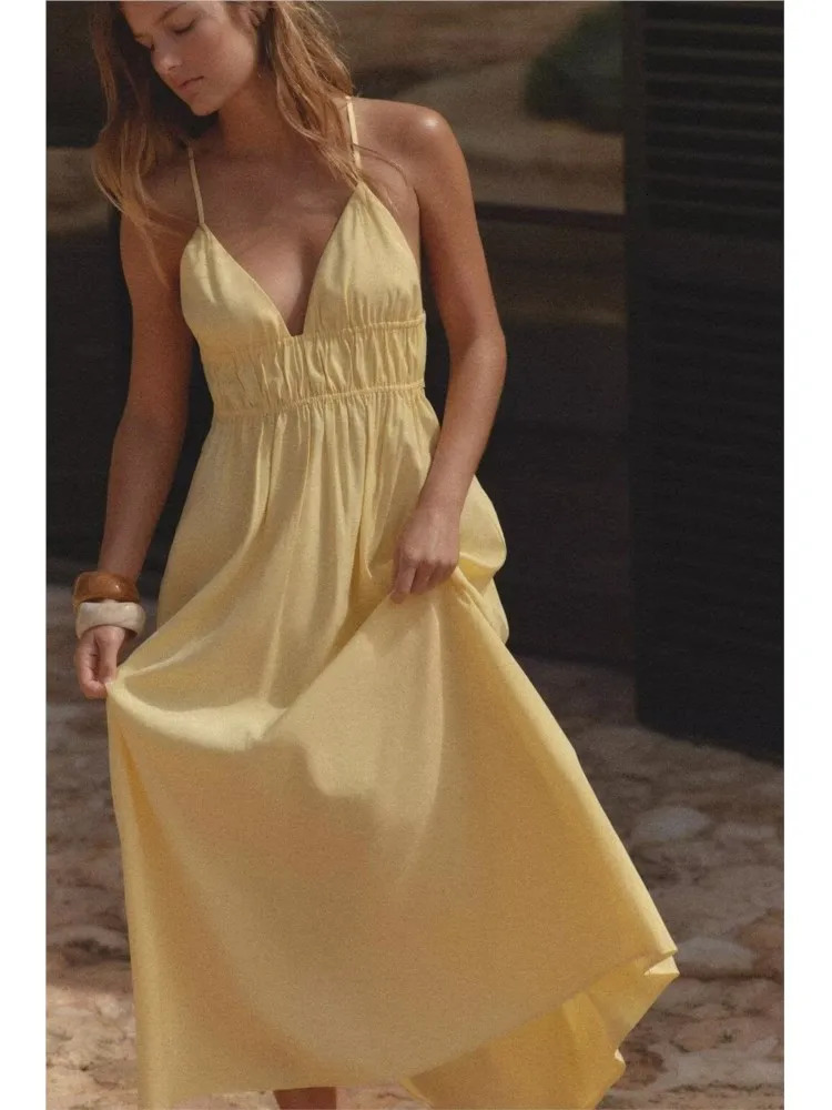 TRAF Flowing Midi Dress V Neck Womens Dress Sexy Backless Thin Straps Lady Dresses With Bow Elastic Waist Party Dress 250613