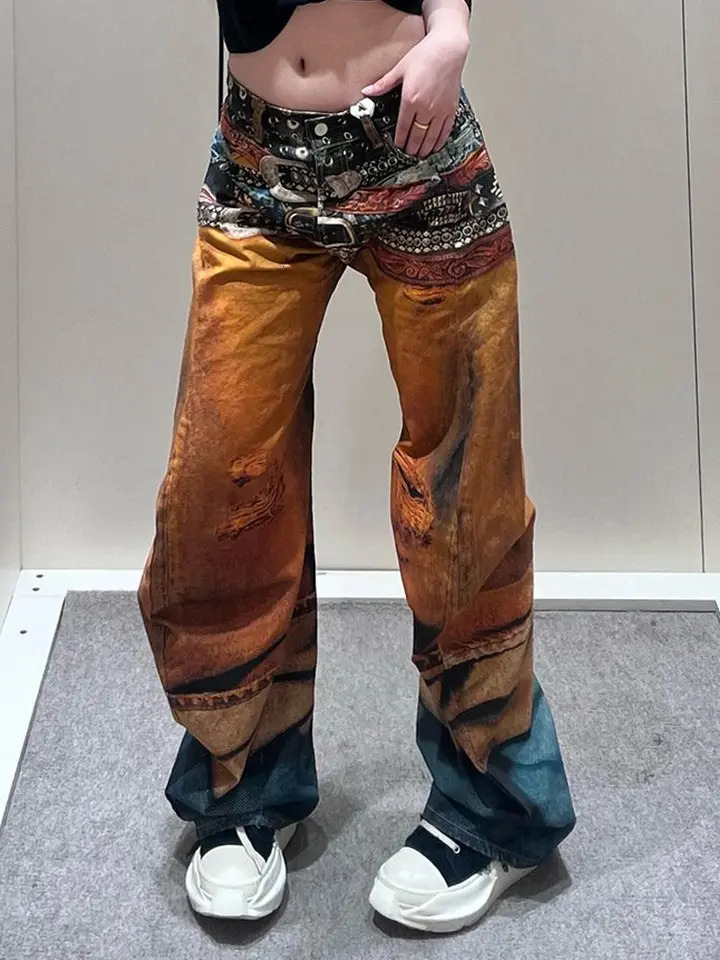 Threedimensional Color oil Painting Coverage Belt Shape Abstract Gradient n Straight Jeans Womens Versatile Street Pants 250612