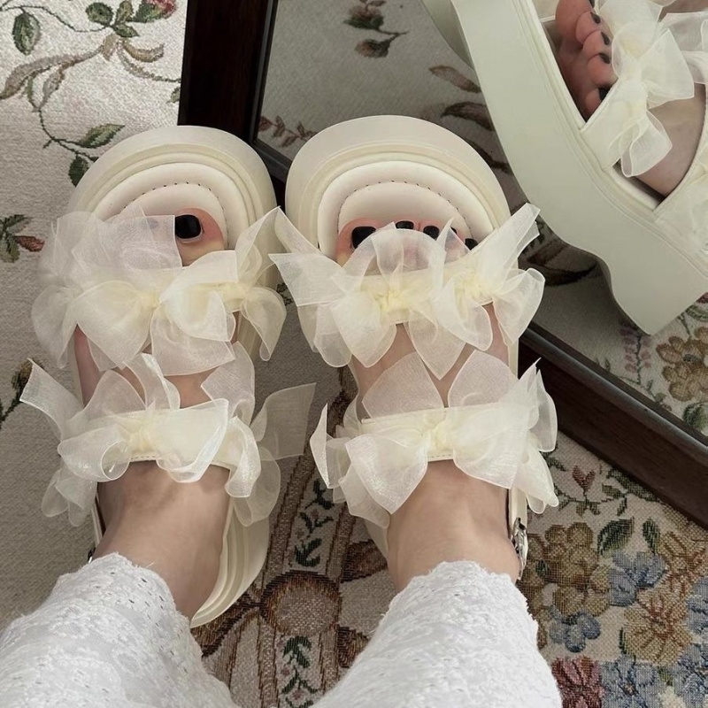 Womens Layered Bow Platform Sandals Thick Cushioned Sole with Adjustable Ankle Buckle for Summer Casual Wear 250605