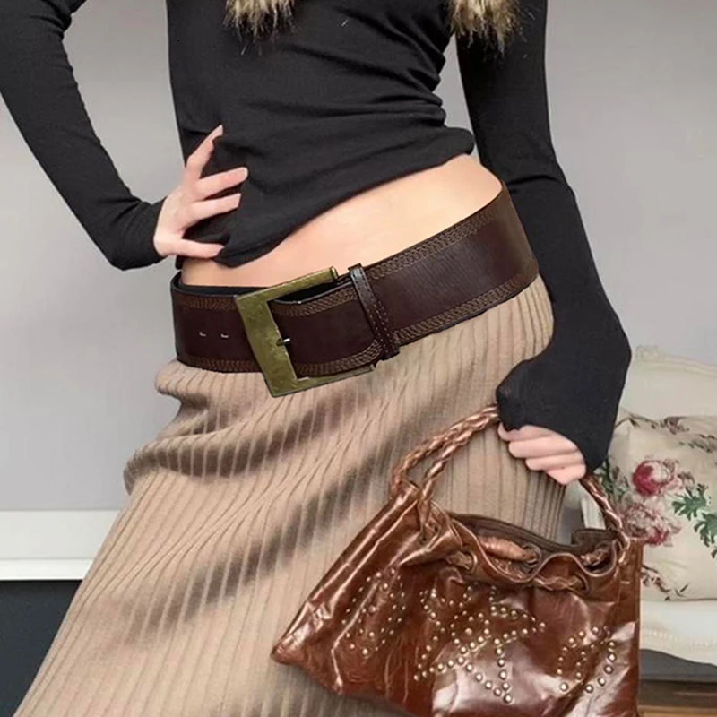Darlingaga Vintage Fashion Brown Metal Buckle Women Belts Y2K Accessories Waistband Grunge Wide Belt Sashes Leather Outwear Chic 250610