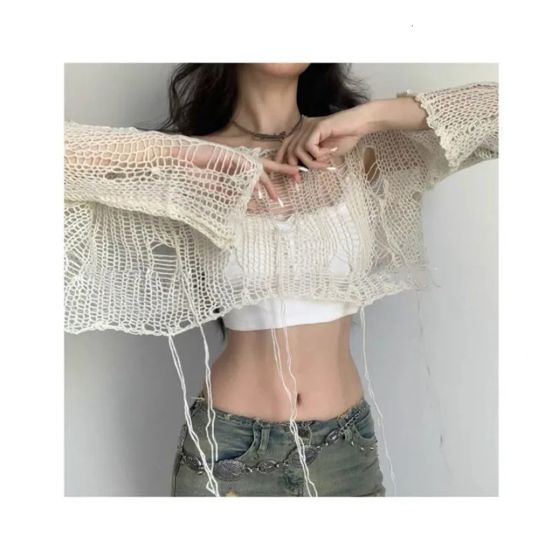 Deeptown Y2K Womens Knit Tshirt Hollow Out Knitwear Cropped Sweater Spring Short Networks Jumper Vintage Gyaru Korean Fashion 250612