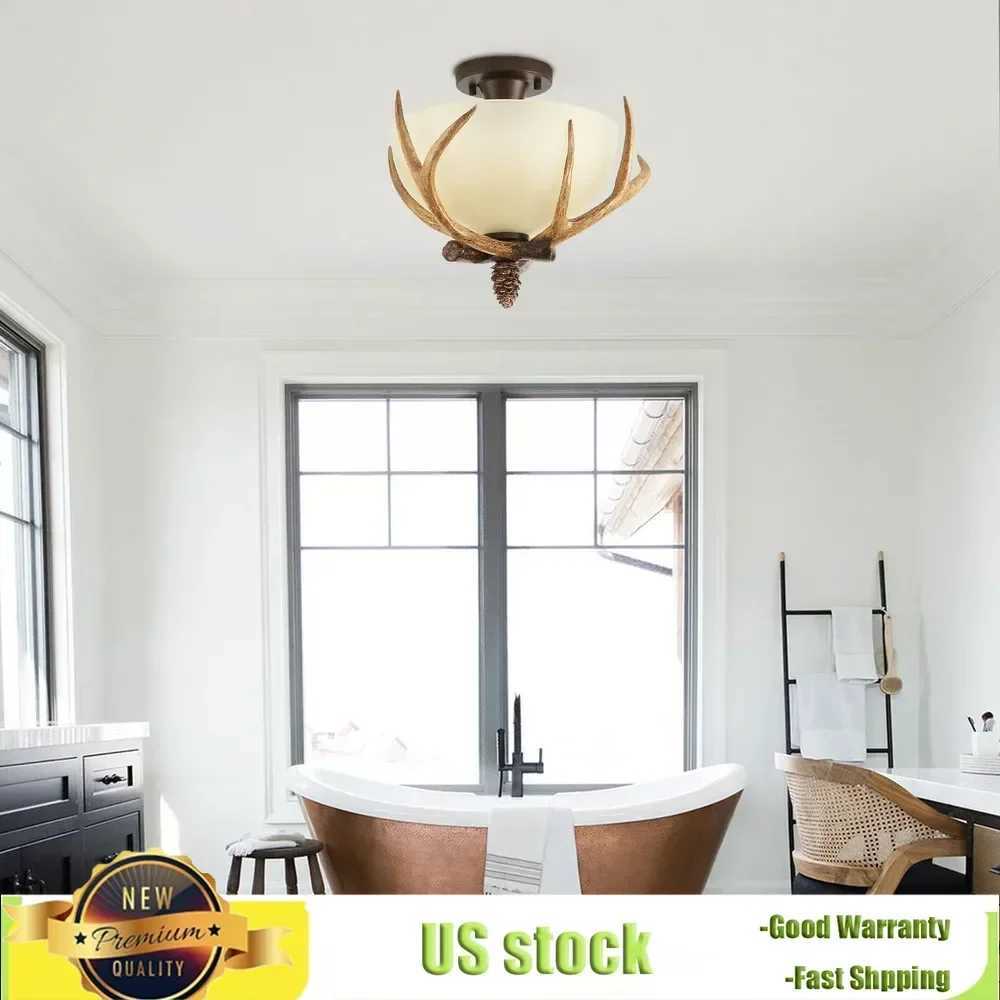 Bymaocar Antler Glass Semi Flush Mount 3-light Fixture Ceiling Lighting European Bronze Pendant Lamp Off-white Glass Lampshade XJ2500613
