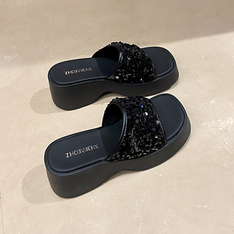 Ddmyoutdoor Women S Outdoor Slip On Summer New Korean Style Wedge Thick Soled Platform Sandals Square Toe Sequin High Heels Outdoor Shoes