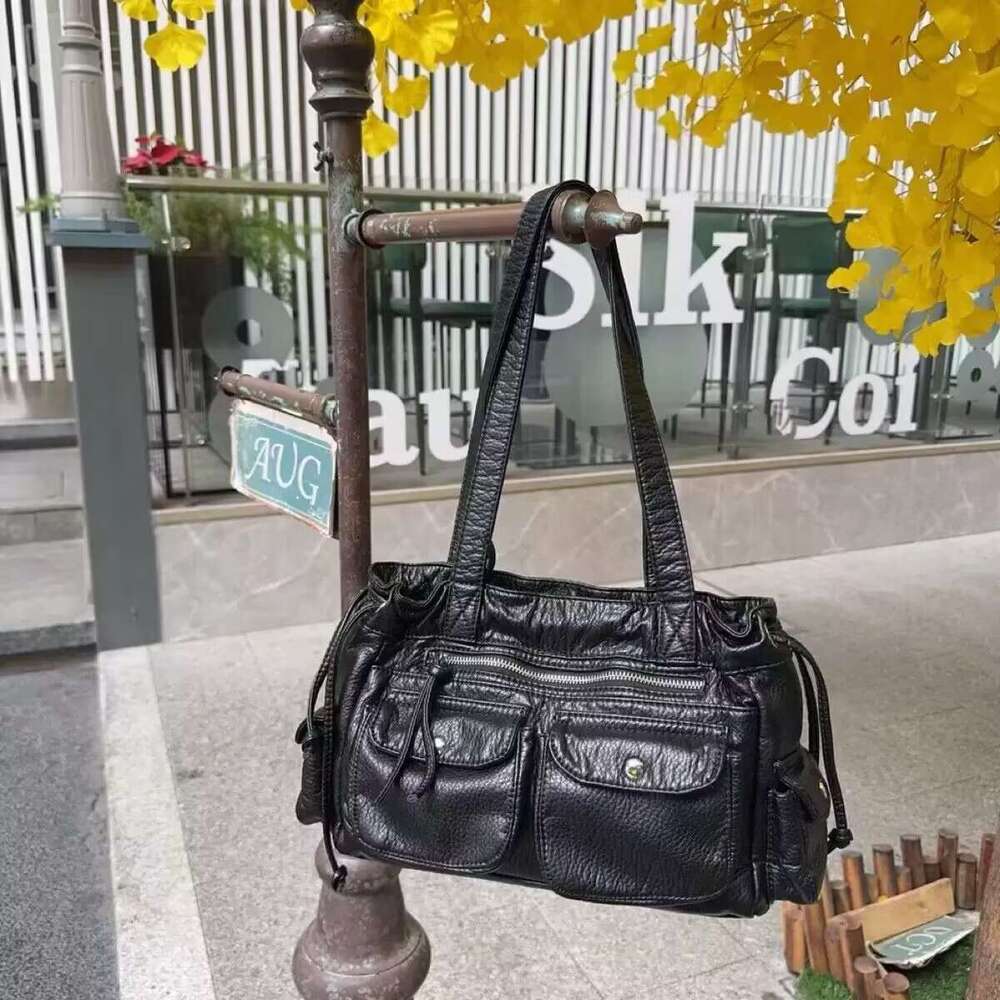 2025 New Fashion Underarm Punk Washed PU Shoulder Bag for Women Niche Design Drawstring Closure Motorcycle