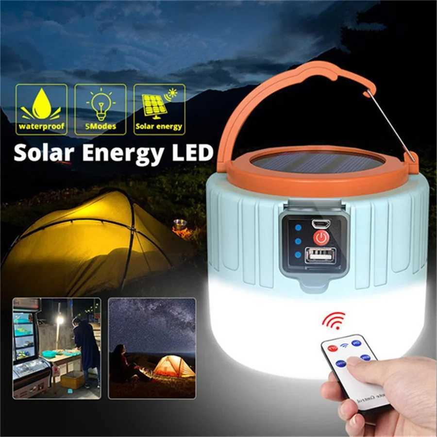 LED Solar Lights Waterproof Charging Remote Control Tent Lamp Energy Saving Emergency Night Market Light for Outdoor BBQ Camping W250613