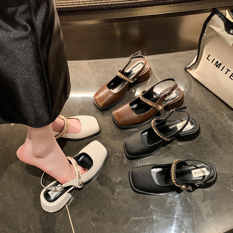 Ddmyoutdoor French Style Black High Heels Closed Toe Sandals Women New Spring Summer Chunky Heel Mary Jane Evening Single Shoes Outdoor Shoes