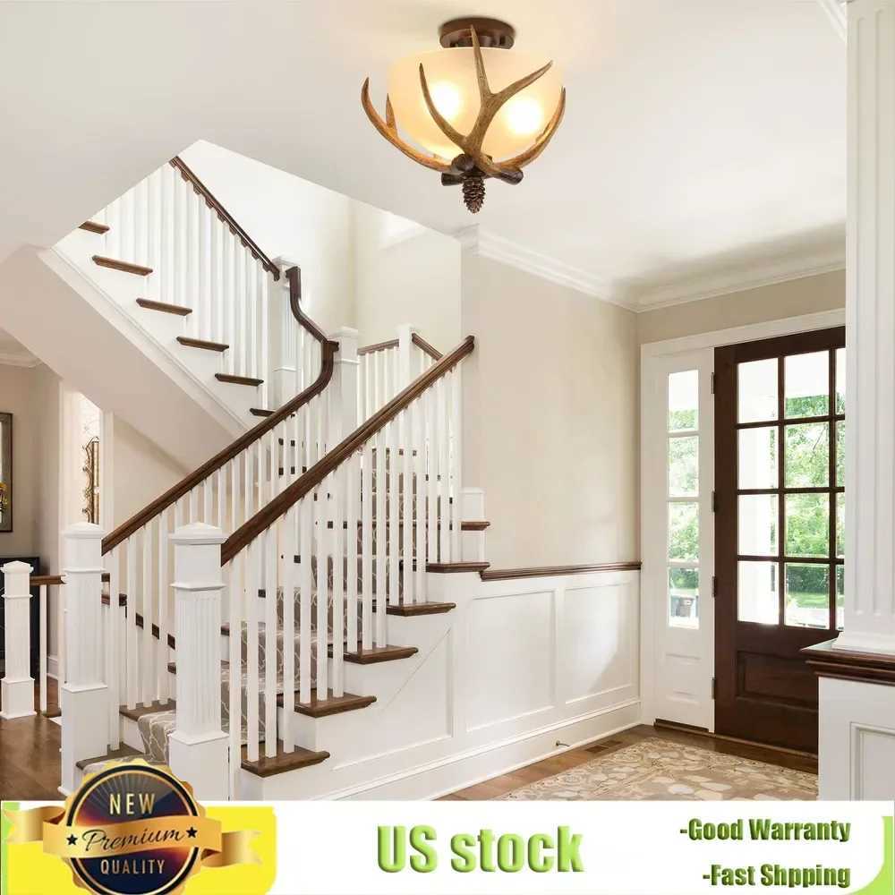 Bymaocar Antler Glass Semi Flush Mount 3-light Fixture Ceiling Lighting European Bronze Pendant Lamp Off-white Glass Lampshade XJ2500613