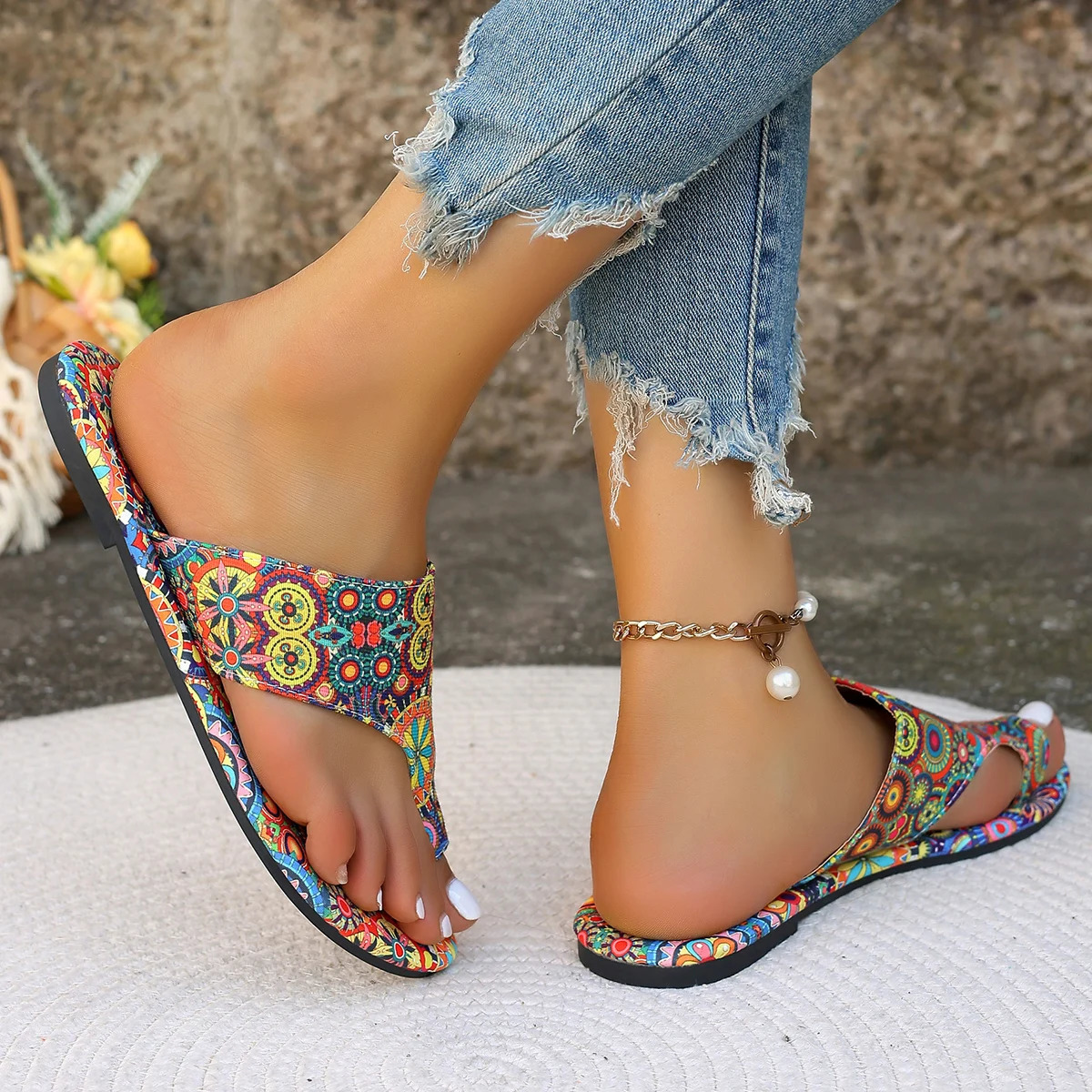 Women Slippers Bohemian Flower Pattern Sandals Casual Lightweight Shoes Flip Flops Fashion Big Size Slippers Home Slides Women 250614