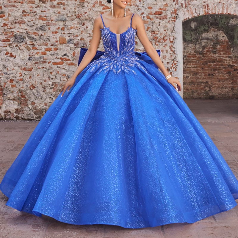 Royal Blue Shiny Quinceanera Dresses Ball Gown Spaghetti Strap Lace Beading Crystal Bow Tull Sweet 16 Dress Vestidos 15 De Anos