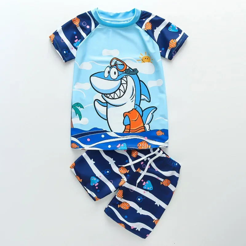 Factory Direct Boys Swimsuit Summer Short Sleeves Cartoon Boys Childrens Two-piece Suit Swimming Cap Swimming Briefs 250614