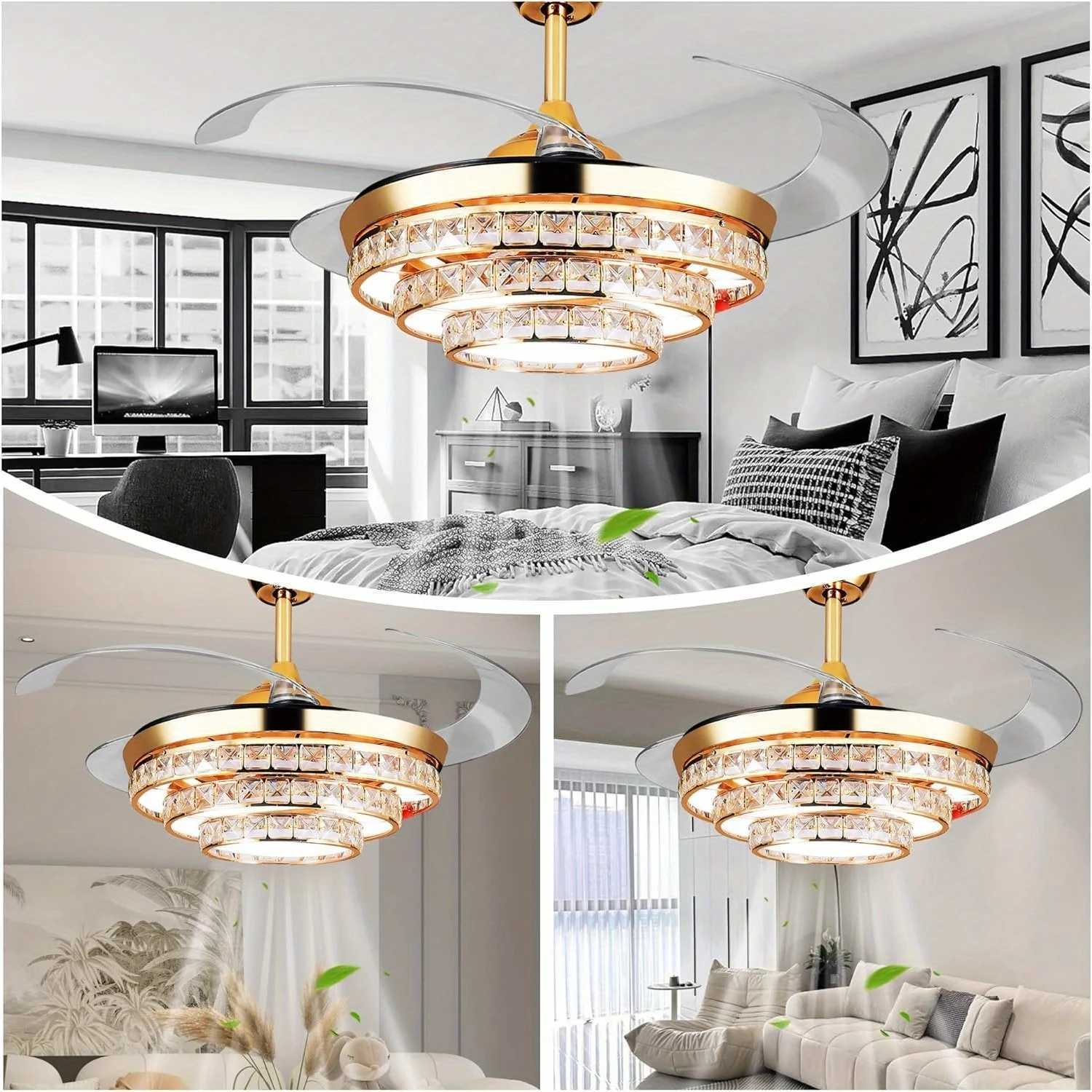 42 Gold Crystal Ceiling Fans with Lights Modern Ceiling Fan Lights 4-Blade Retractable LED Crystal Chandelier Fan Light W250613