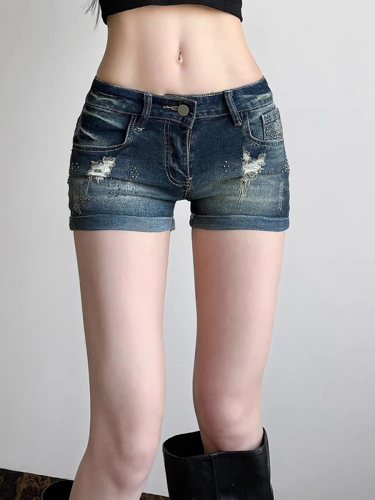 Womens Blue Gothic Denim Shorts Vintage Aesthetic Korean Low Waist Jean Shorts Harajuku Y2k Cowboy Short Pants Clothes Summer 250613