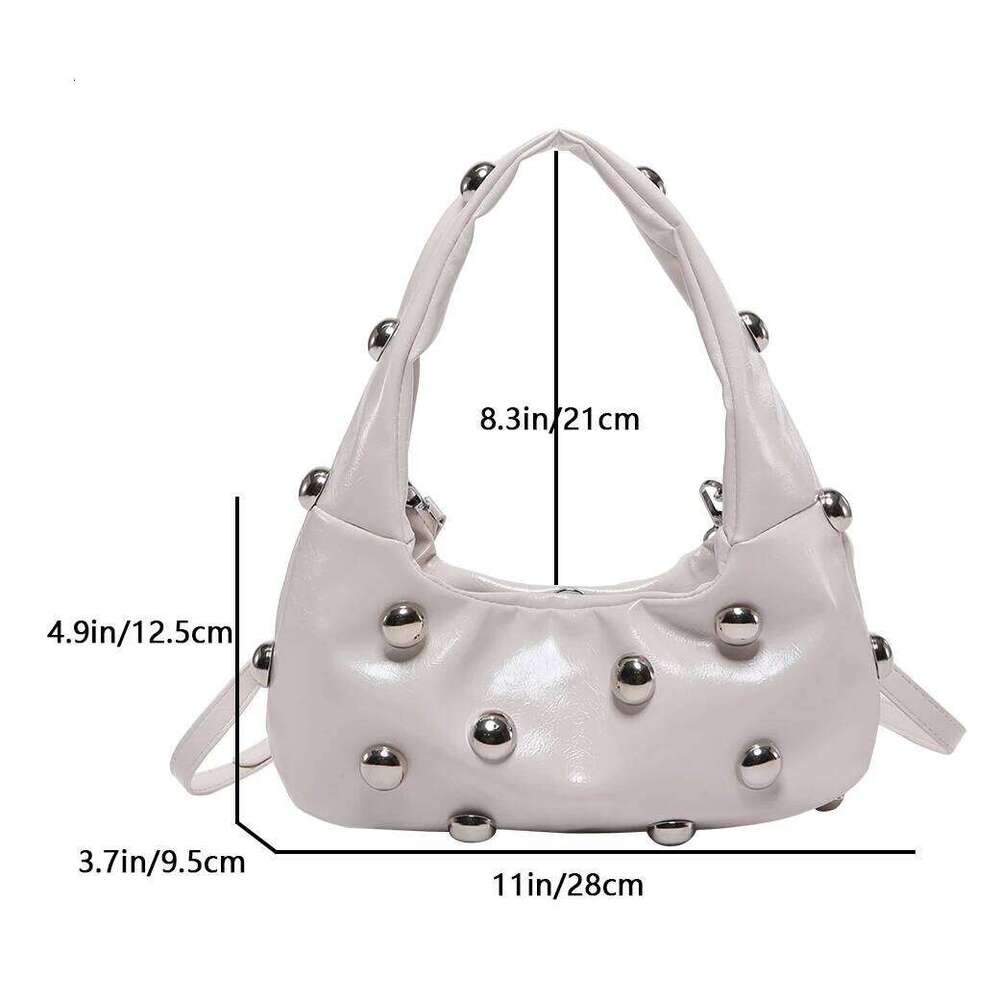 Black Half Moon Underarm Bag For Women Studded Beading Handbags Red Purse Solid Color Pu Leather Shoulder Crossbody Bags