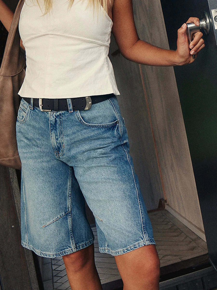 Womens Knee Length Denim Shorts Solid Color Low Waist Wide Leg Jean Shorts For Summer Club Street Style S-2XL 250613