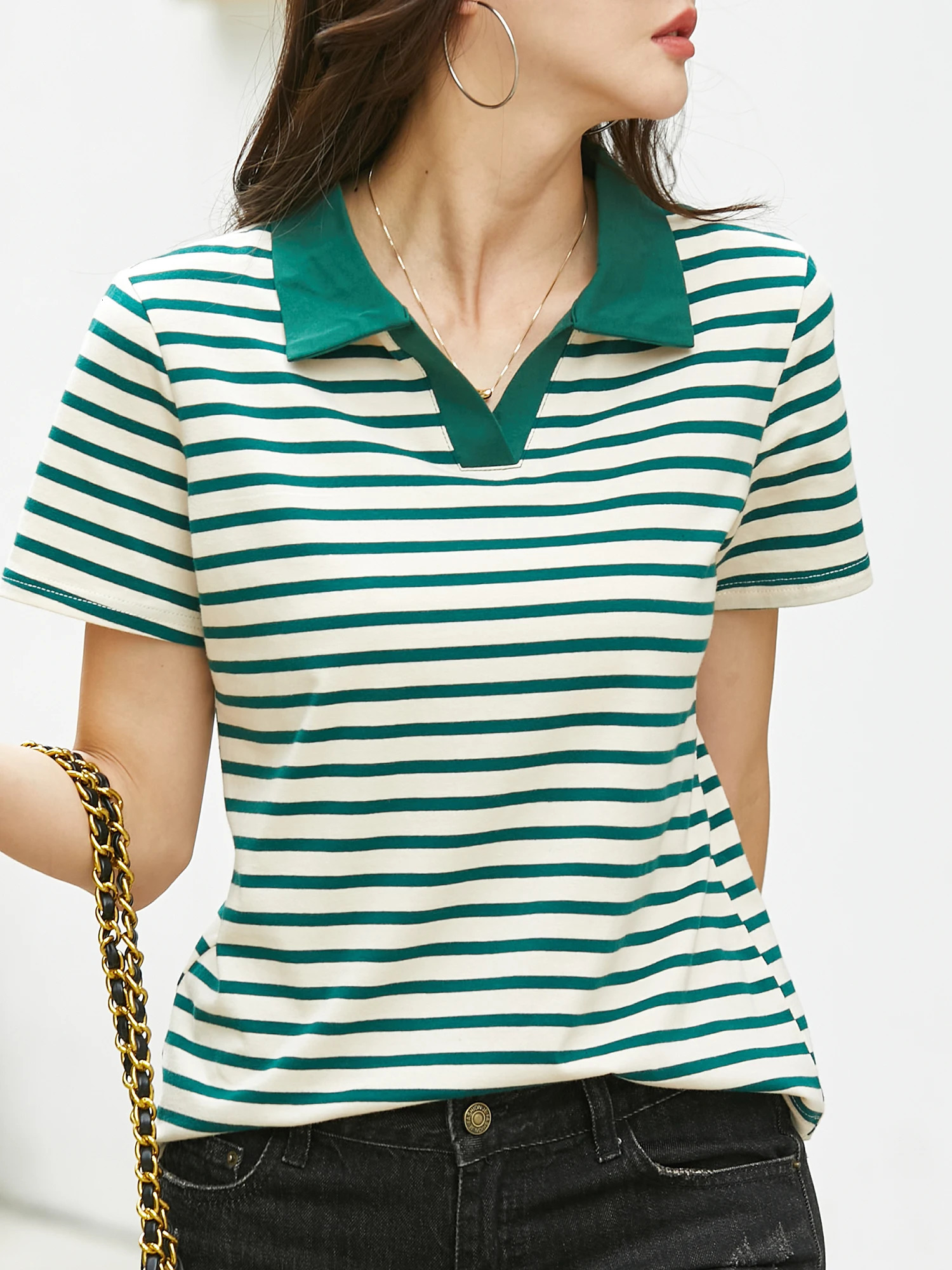 Striped Print Turn Down Collar T-shirtRegular Fit Casual Short Sleeve Pullover T-shirt For Spring Fall Womens Clothing 250609