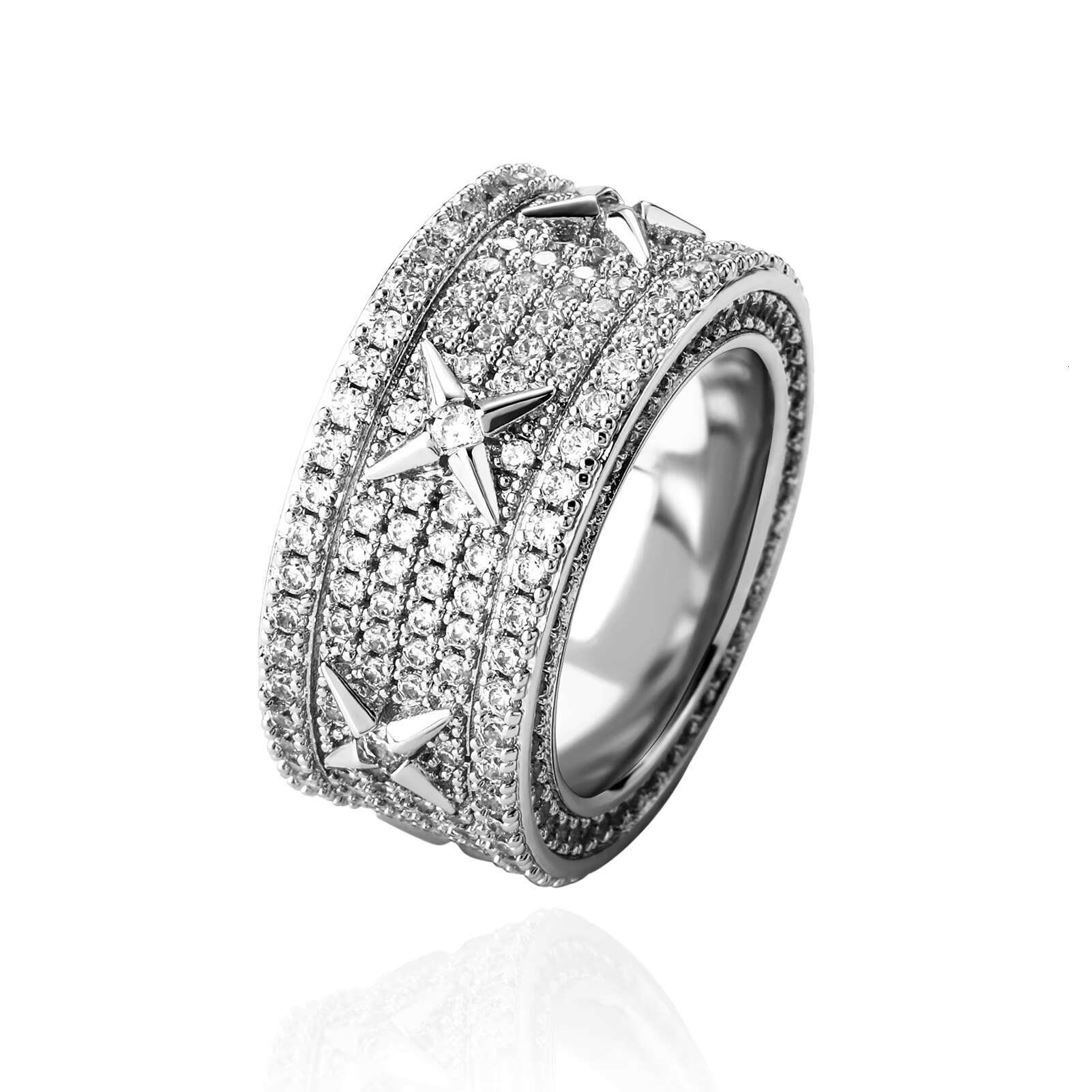 Four Star Cooper Material Gold Plated Full of CZ Diamond Hip Hop Wedding Band Ring