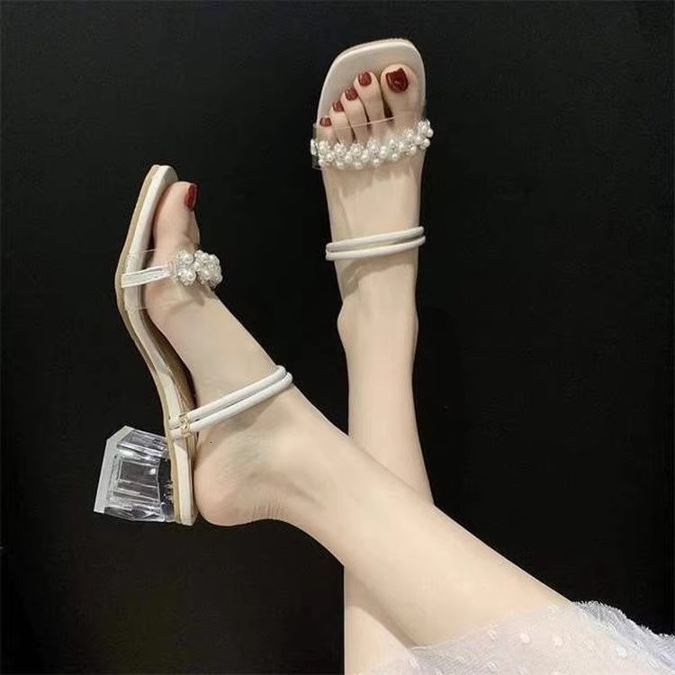 Ddmysports Summer New Versatile Women S Sandals Mid Crystal High Heels Chunky Heel Two Way Wear Rhinestone Outdoor Slippers Outdoor Shoes