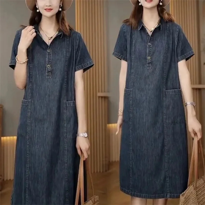 Short sleeved Shirt Denim Dress for women 2025 Summer Korean version Loose with pockets Casual Thin Denim Dress Female 250609