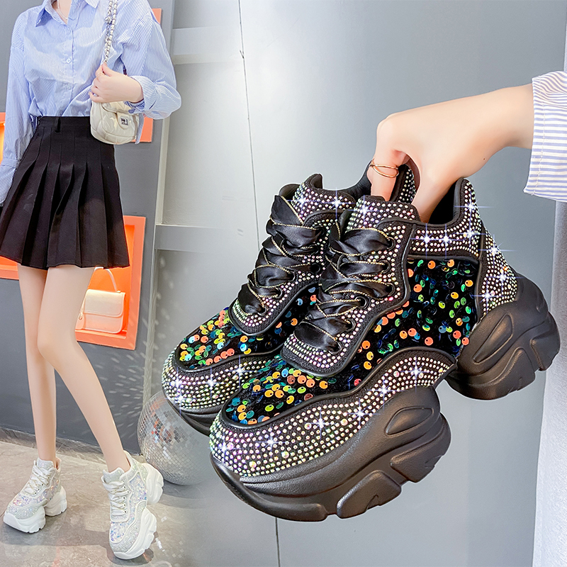 Fashion Shiny Ladies Shoes Sneakers Women Trend 2025 New Spring Platform Lace Up Rhinestone Women Casual Shoes Luxury Designer Casual Platform Shoes Z