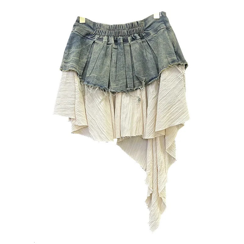 Retro Spliced Denim Pleated Skirt for Women Summer Temperament Girl Fashionable High Waist Aline Skirt 250612