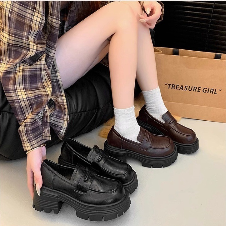 Ddmysports Platform Thick Sole Loafers For Women Spring And Autumn New French Chunky Heel Single British Style Versatile Leather Shoes Outdoor Shoes