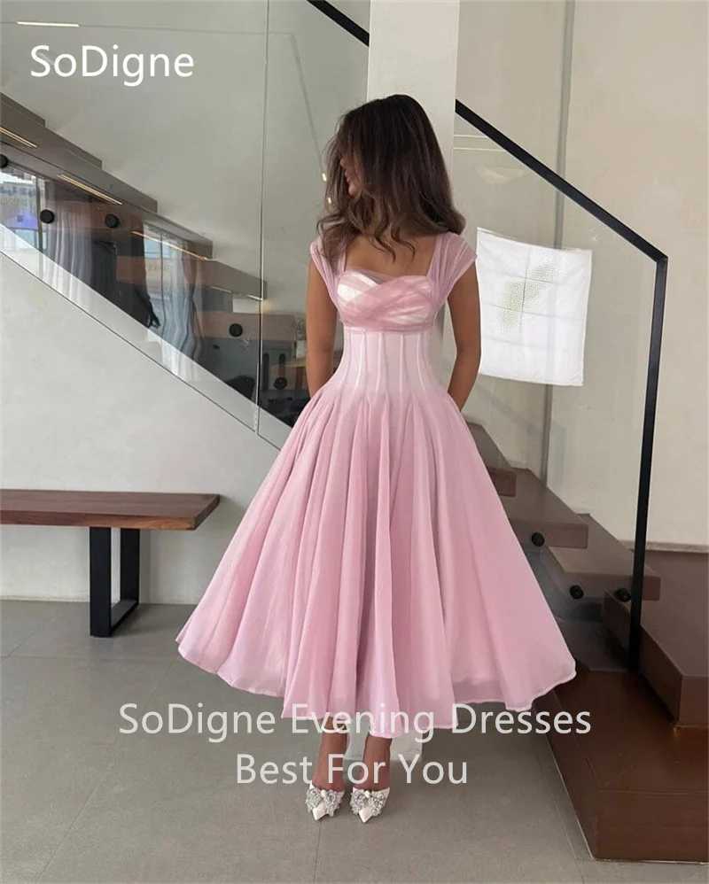 SoDigne Beige Chiffon Prom Dresses A-Line Mid-Calf Square Collar Draped Party Dress Charming Cocktail Gowns Customized W250614