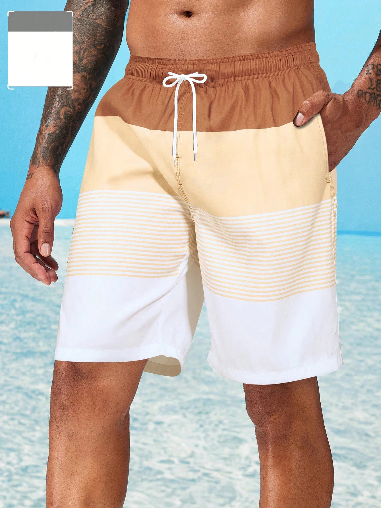 Mens Striped Beach Shorts Casual Loose Drawstring Quick Drying Material Vacation Surfing Swimming Home Shorts 250614