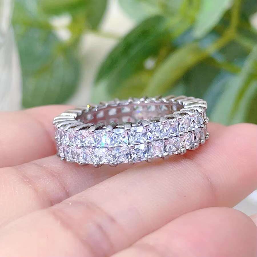 FOXI Tennis Double Row Princess Square Moissanite Eternity Ring 925 Sterling Silver Moissanite Diamond Eternity Band Ring