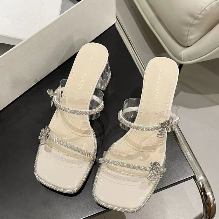 Ddmysports Fairy Style High Slippers For Women Summer Outdoor New Transparent Rhinestone One Strap Crystal Chunky Heel Sandals Outdoor Shoes