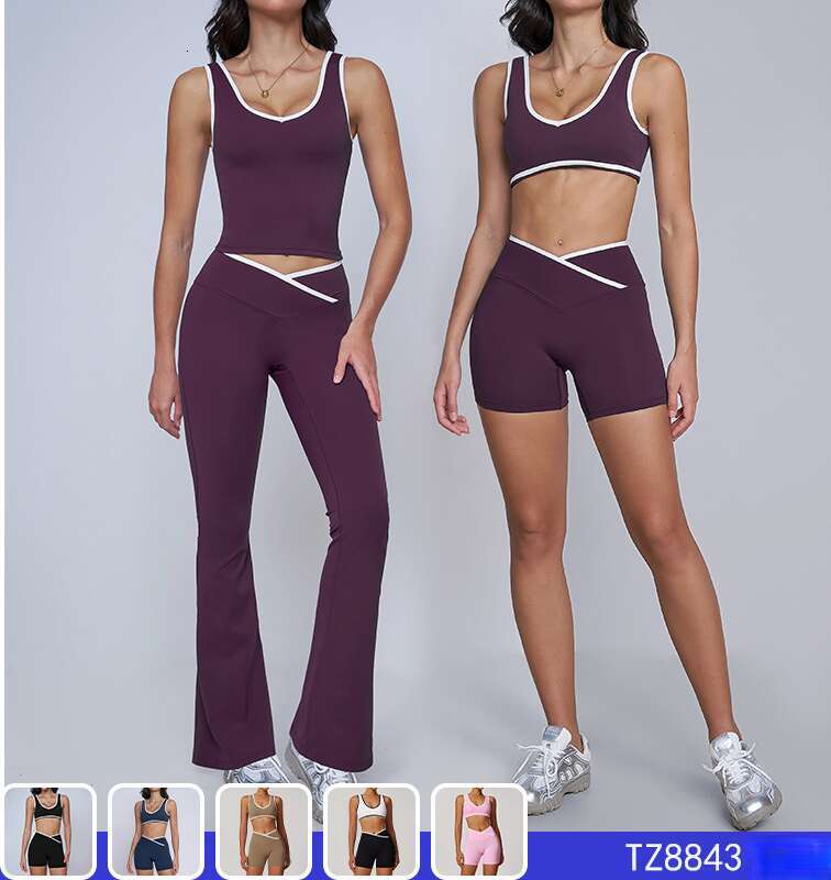 Cross High Waist Sports Set Women, Color Block Bare Back Tight Tank Top for Running, Fitness, Yoga 8843