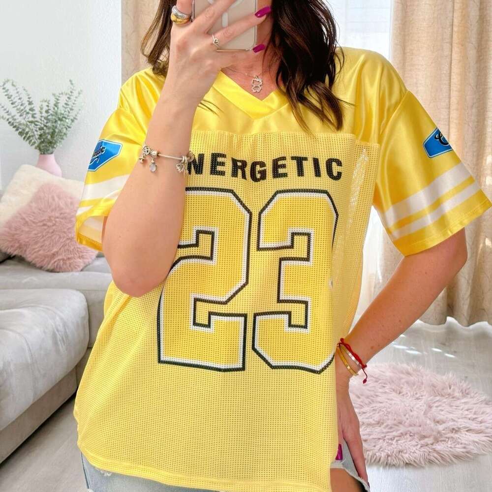 Summer New Ins Street Versatile Mesh Loose Patchwork Letter Print Short Sleeve T-Shirt Women's Clothing B5