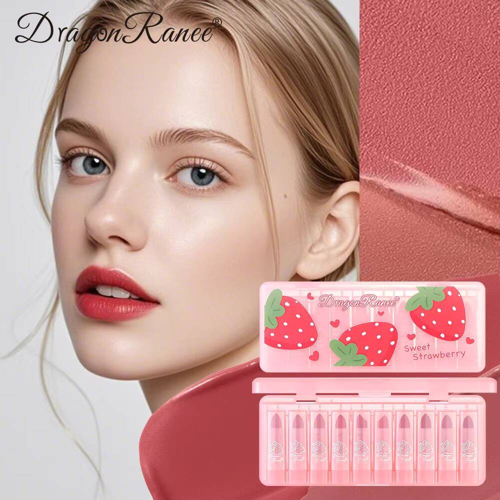 Dragon Ranee Matte Velvet Pink Strawberry Translucent 10 Pieces Waterproof Sweatproof Non-Stick Lipstick Set happy