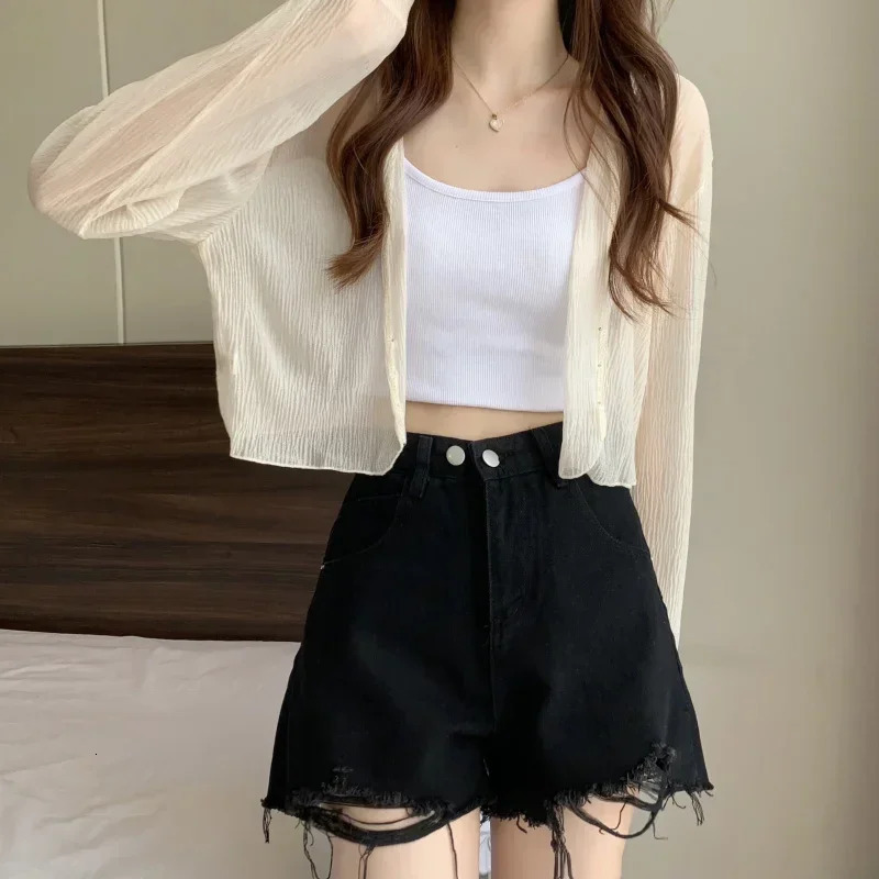 Fairy Style Solid Cardigan Women Summer Long Sleeve Sunscreen Sweet Beading Vneck Basics Loose Chiffon Cardigan 250612