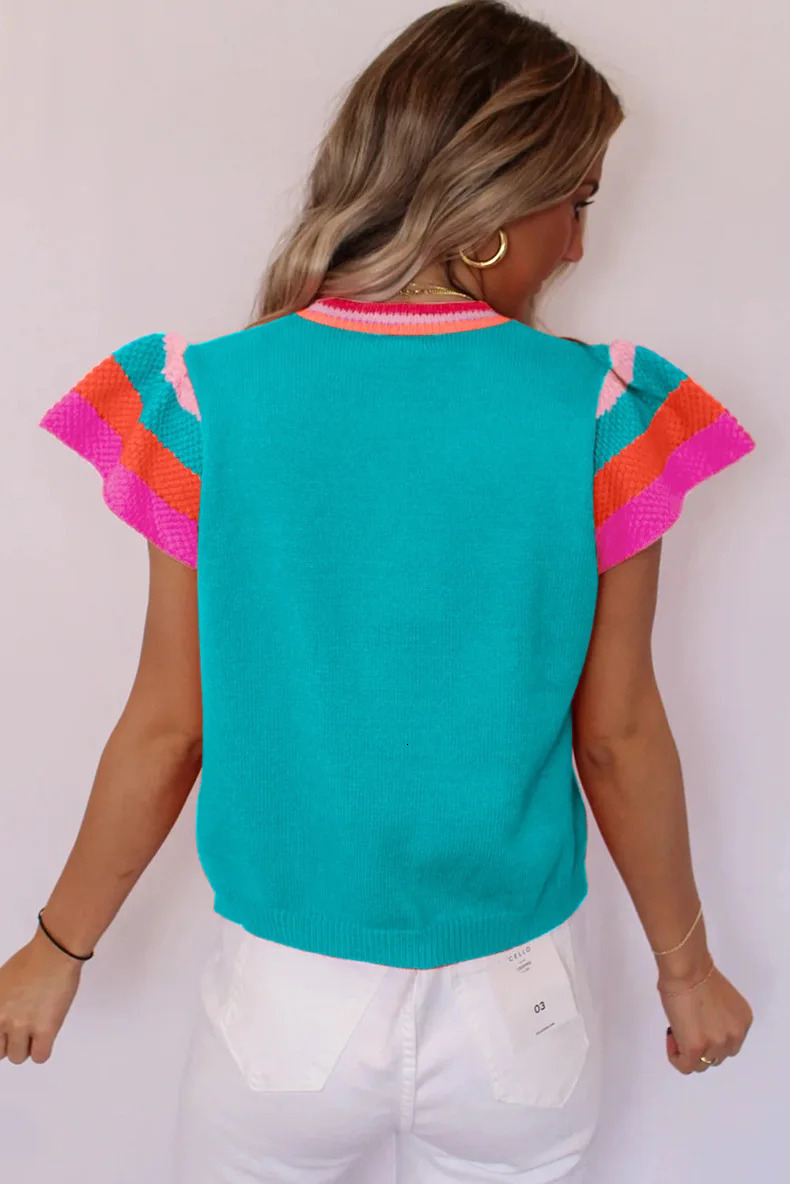 SpringSummer Round Neck Knitted Top Color Contrasting Sweet Short Sleeve Sweater for Women 250612
