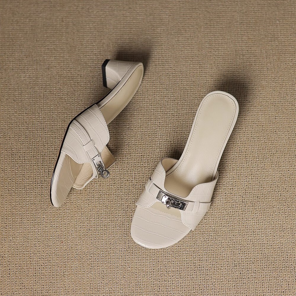 Ddmysports French Style Mid Heel Slippers For Women Summer Outdoor New Thick Fashionable Elegant High End Metal Buckle S Sandals Outdoor Shoes