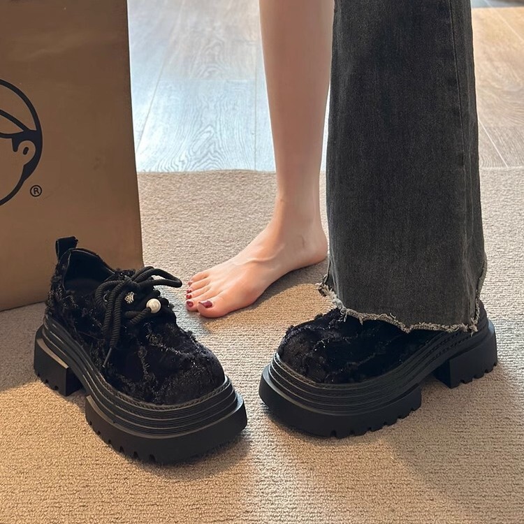 Ddmysports Chunky Lace Up Leather Shoes For Women Skirts Spring New French Style Loafers With Thick Soles Outdoor Shoes