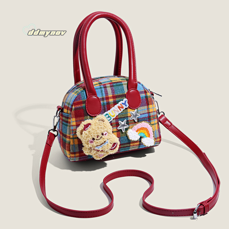 Exquisite Plaid Ins for Women Cute Little Brown Bear Fashion Handbag High Appearance Commuter Coin Purse Crossbody Bag ddmynov