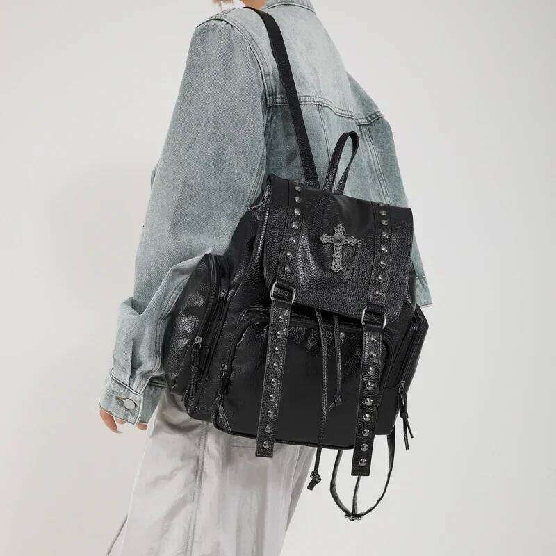 Y2k Backpack Women Gothic Punk PU Leather Shoulder Ladies Vintage Backpacks College Large Capacity SchoolBag