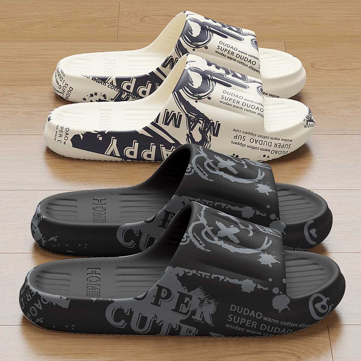 Summer Plus Size 48-49 Graffiti Bear Print Men Slippers Home Flip Flops Thick Couple Women Beach Shoes Sandals Z250614