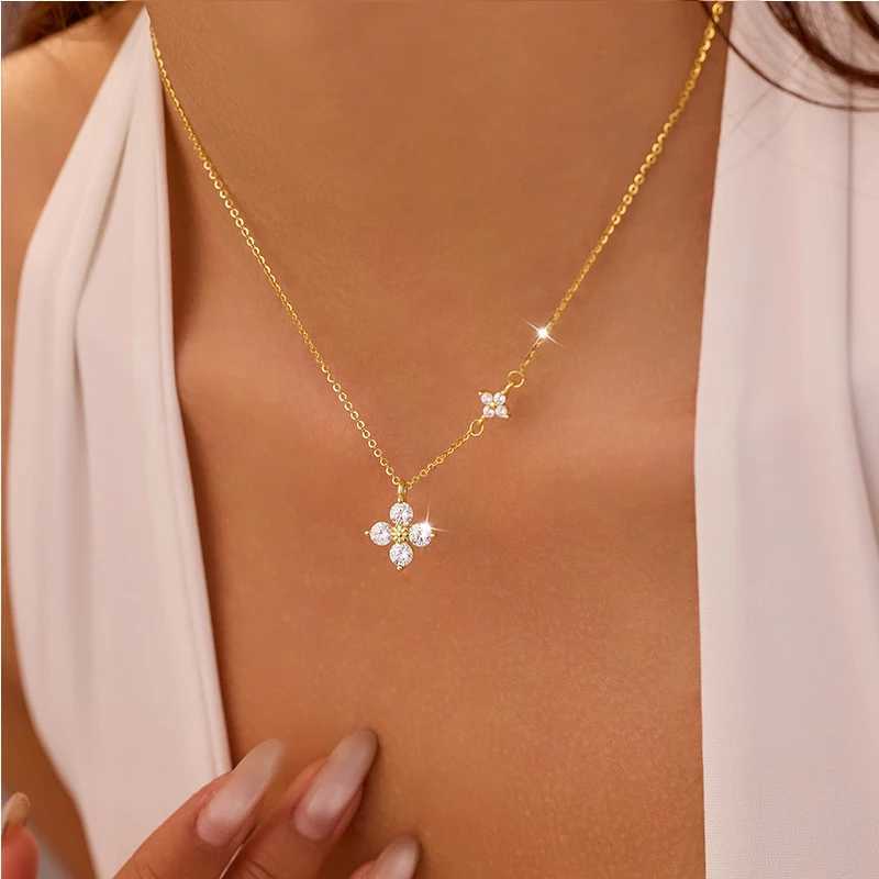 14k Gold Plated Dainty Lucky CZ Necklace for Women White Flowers Elegant Pendant Necklaces Minimalist Chain Jewelry Z250614