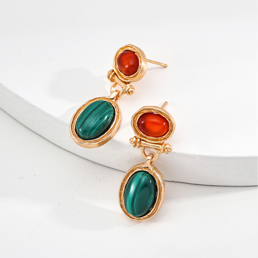 VOBIPY Vintage Malachite Onyx Earring S925 Silvers Gold Plated Earring for Women Girl Party Birthday Gift Fashion Jewelry Christmas Day